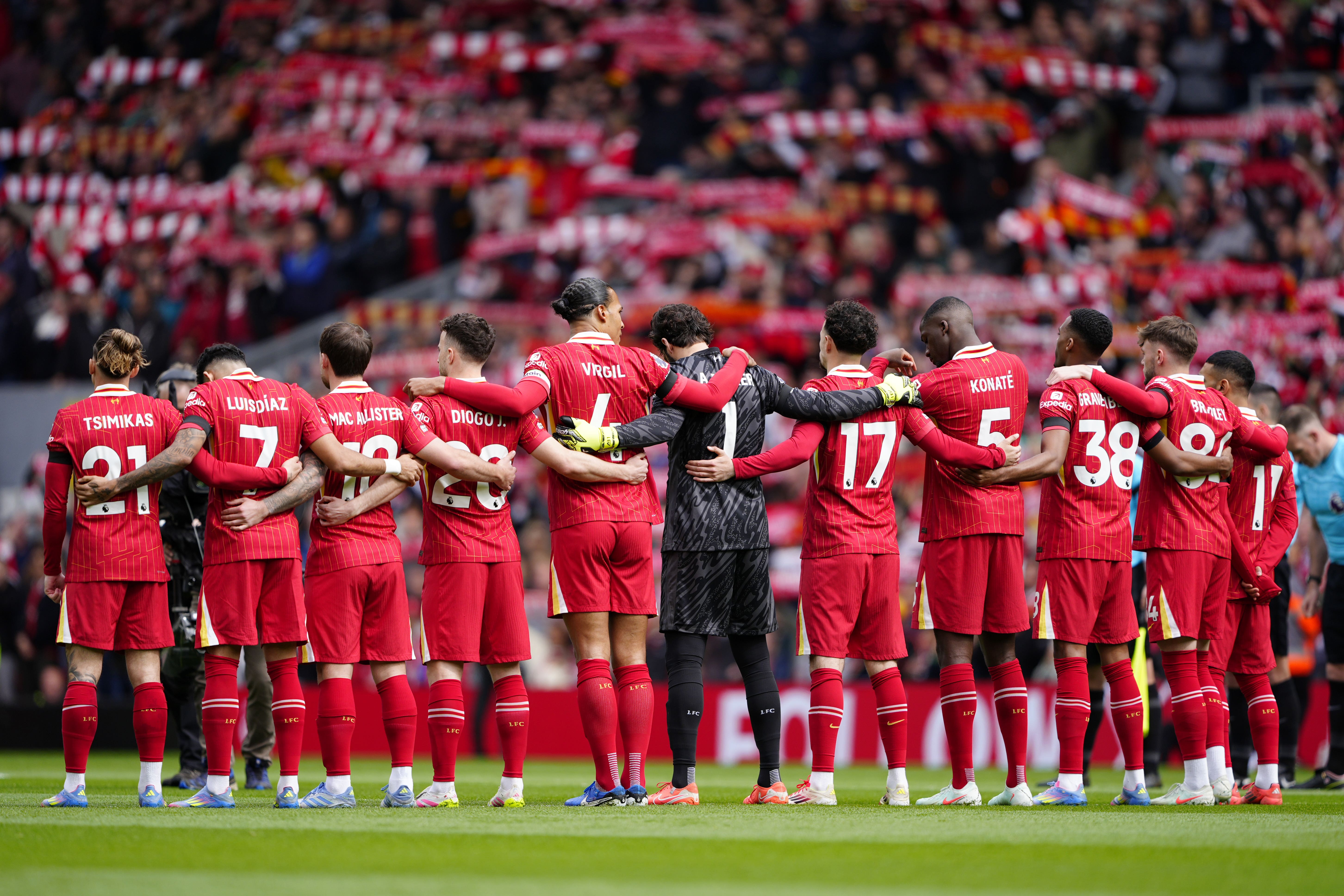 Liverpool’s men’s team marks the 36th anniversary of the Hillsborough disaster at Anfield in April 2025 (Peter Byrne/PA)