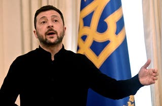 Ukrainian president Volodymyr Zelensky attends a press conference following his talks with German minister of defence in Kyiv