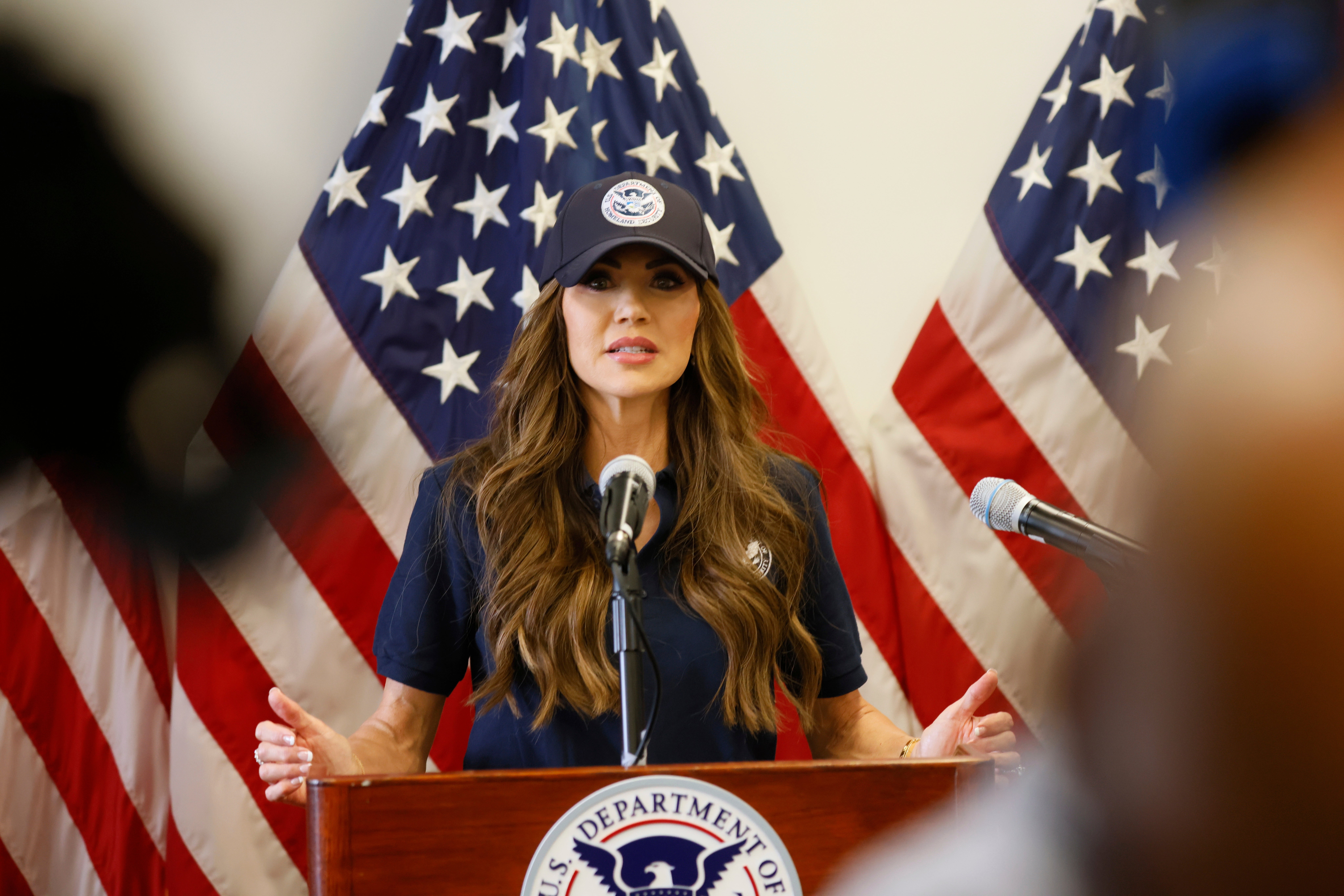 Homeland Security Secretary Kristi Noem holds a news conference regarding the recent protests in Los Angeles.