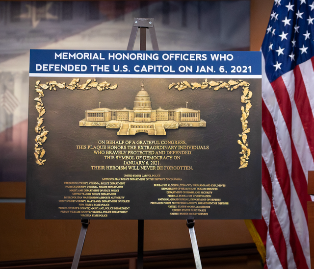 <p>A plaque honoring the law enforcement officers who defended the Capitol on January 6. A lawsuit has been filed after Congress has allegedly refused to erect it</p>