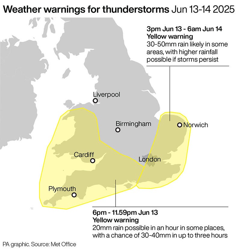 Yellow weather warning for thunder (PA graphics)
