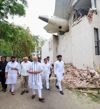 India’s prime minister Narendra Modi visits the site where an Air India Boeing 787-8 Dreamliner, bound for London’s Gatwick Airport, crashed during take-off from Ahmedabad on the previous day, in Ahmedabad, India, 13 June 2025