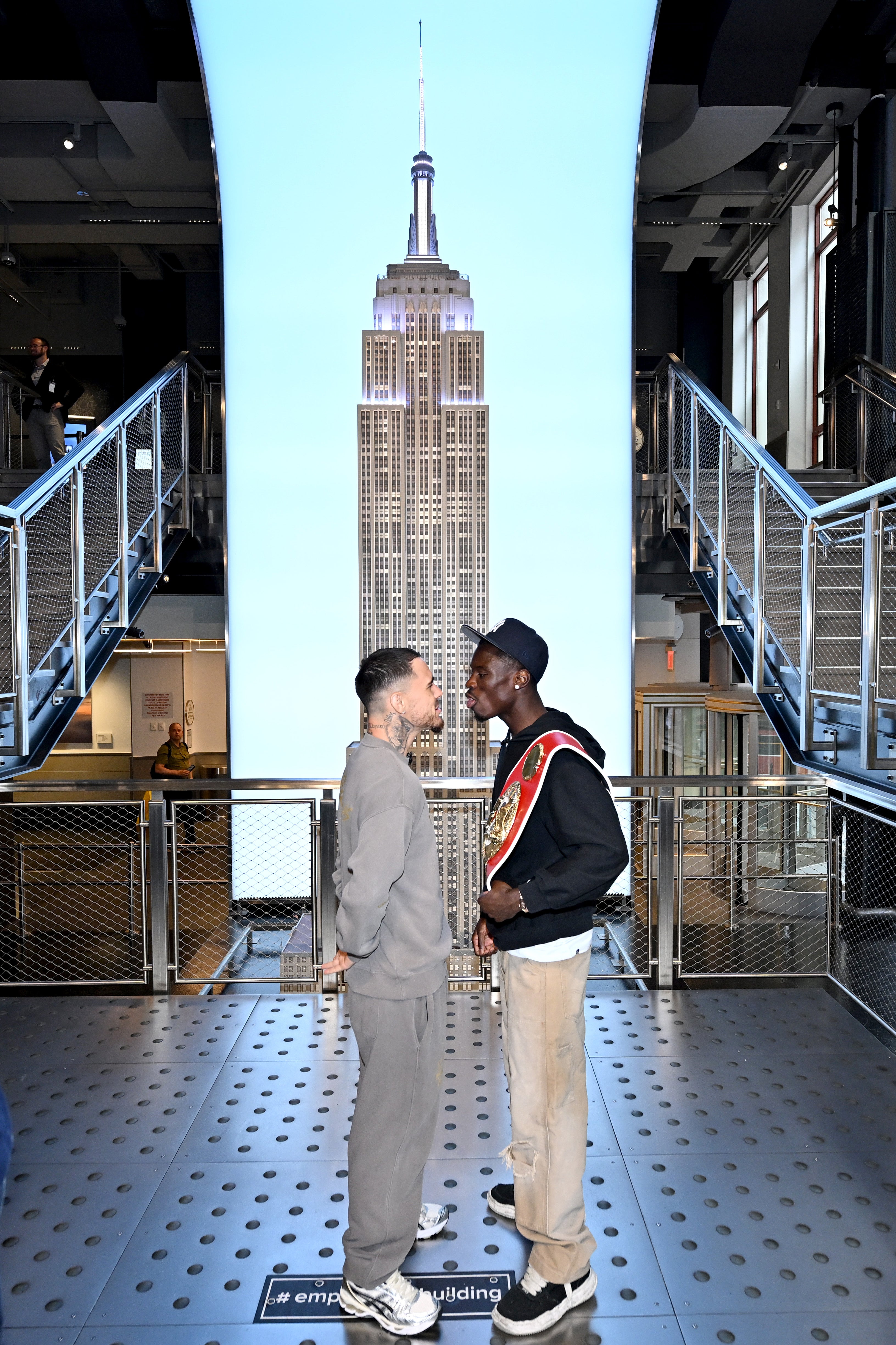 George Kambosos Jr (left) and Richardson Hitchins face off atop the Empire State Building