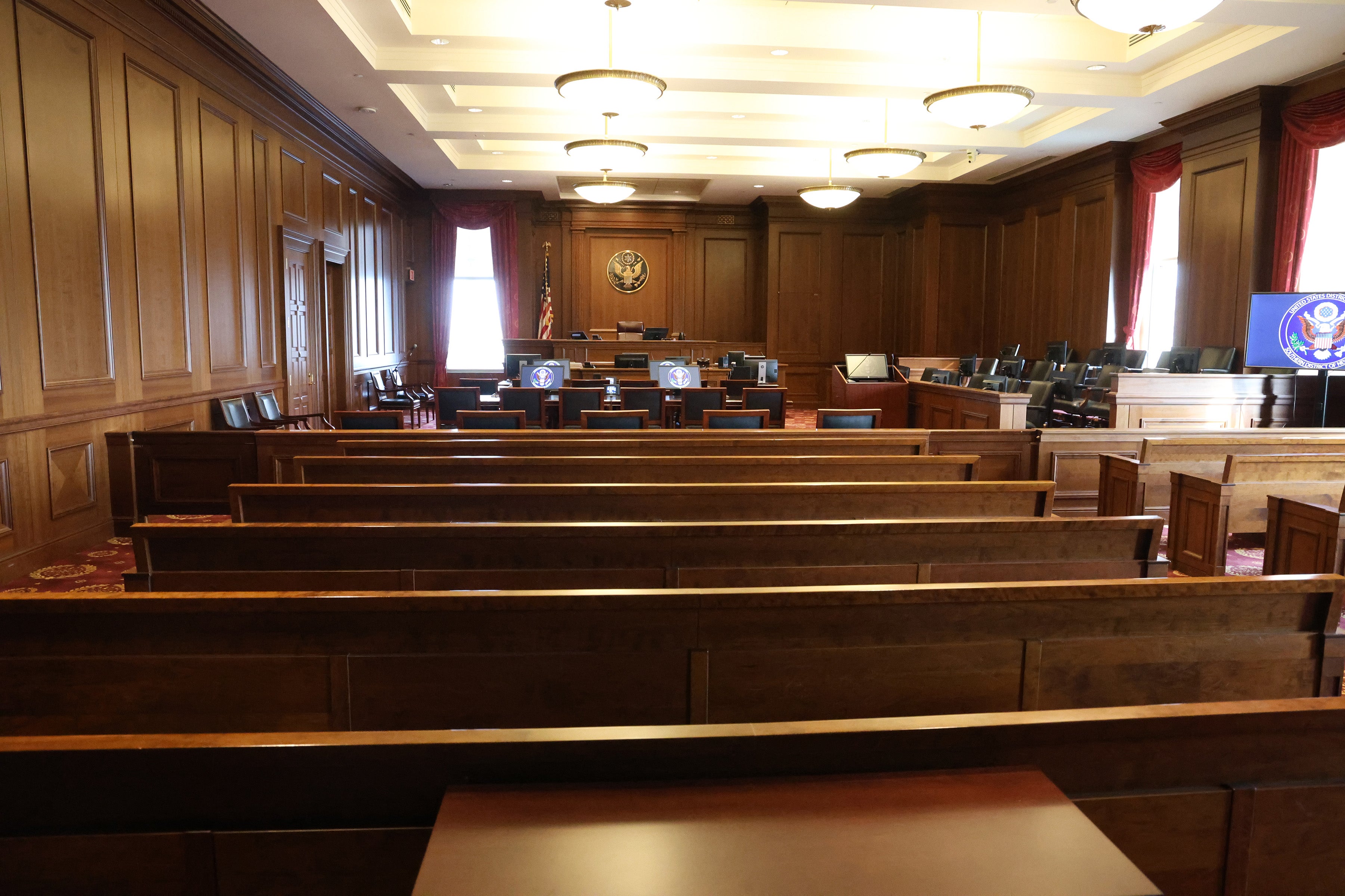 Inside a federal courtroom similar to the room where the Sean Combs sex trafficking trial is being held in Federal District Court in Manhattan on June 6 in New York City.