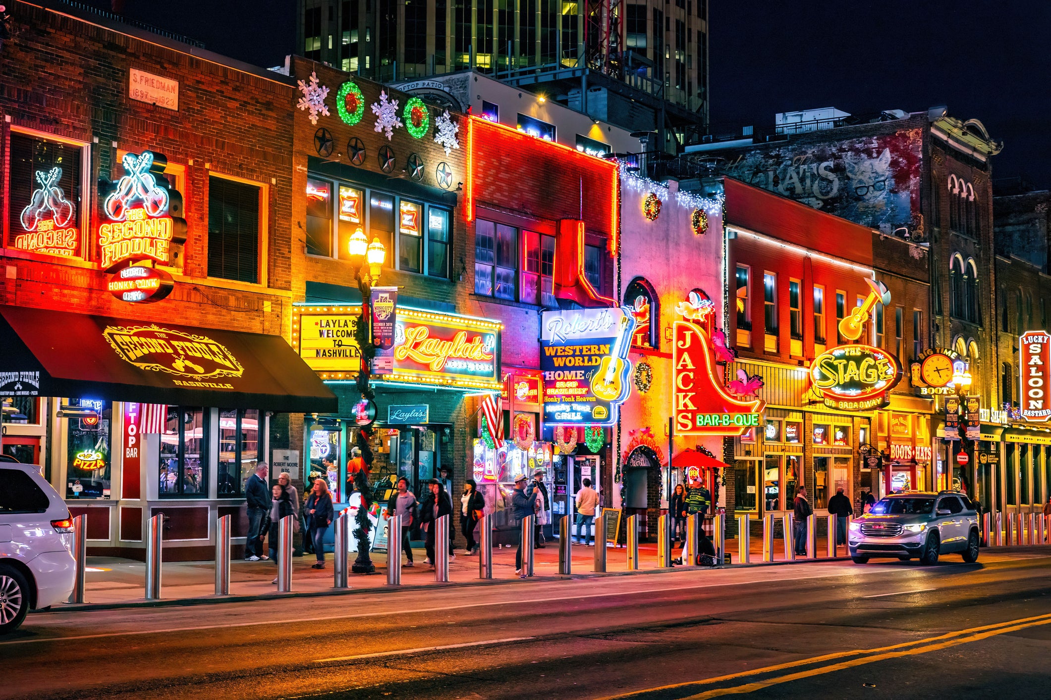 Nashville's often brightly lit attractions can all be reached by foot. Pictured is Beale Street
