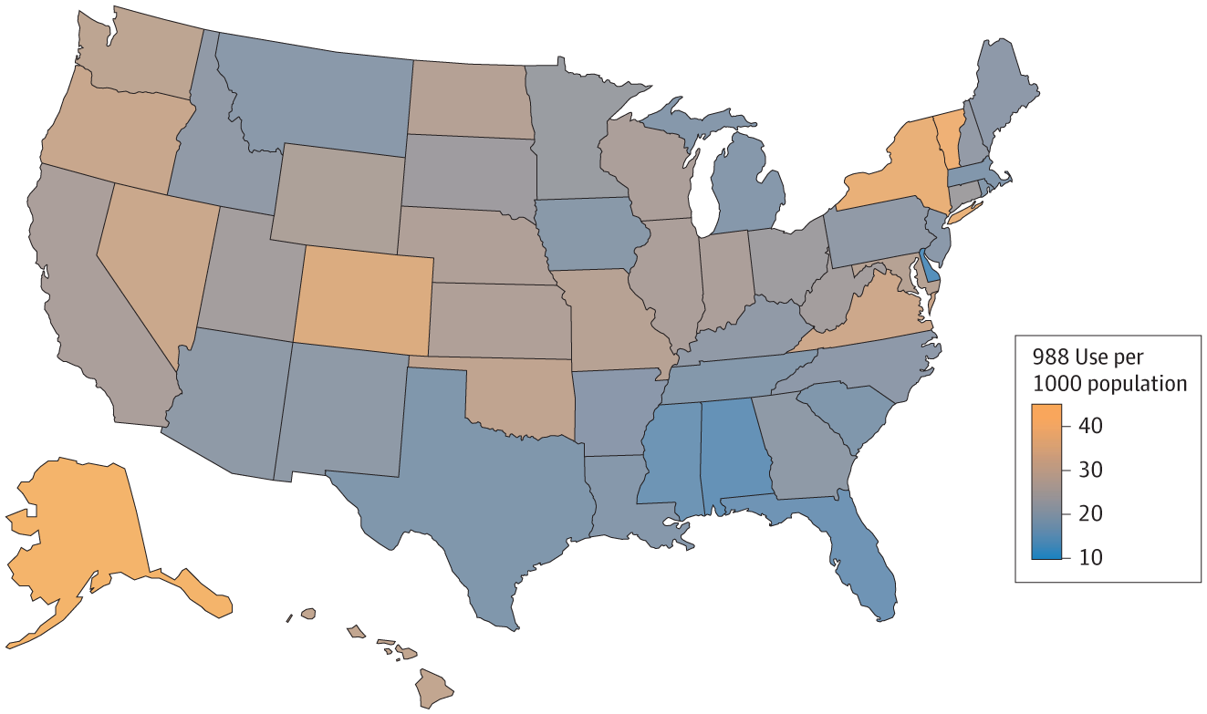 A map shows the states with the highest 988 use per 1,000 people. Alaska and Vermont had the highest 988 contact incidence rates