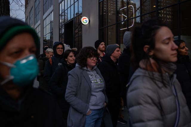 <p>Members of the Alphabet Workers Union (CWA) hold a rally outside the Google office in response to recent layoffs, in New York on February 2, 2023. </p>