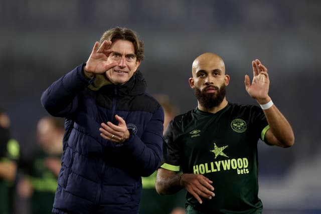 Thomas Frank, left, and Brentford forward Bryan Mbeumo (Steven Paston/PA)