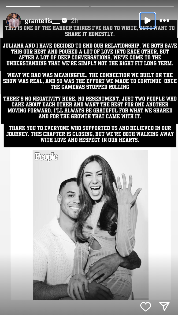 Grant Ellis announces breakup with Juliana Pasquarosa months after their televised engagement