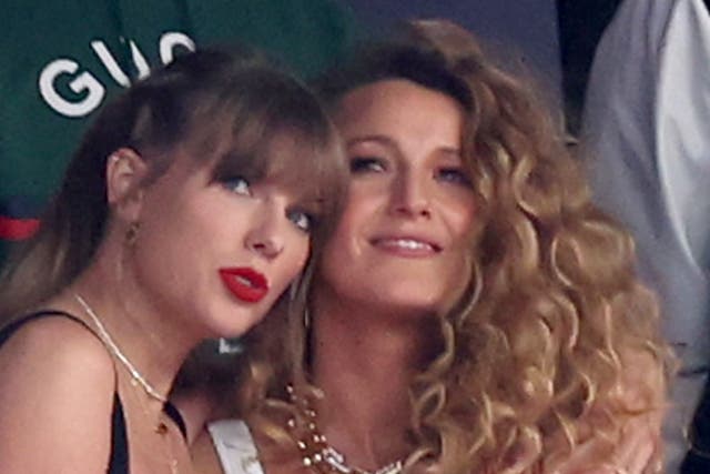<p>Taylor Swift and Blake Lively embrace ahead of Super Bowl LVIII in Las Vegas in February 2024</p>