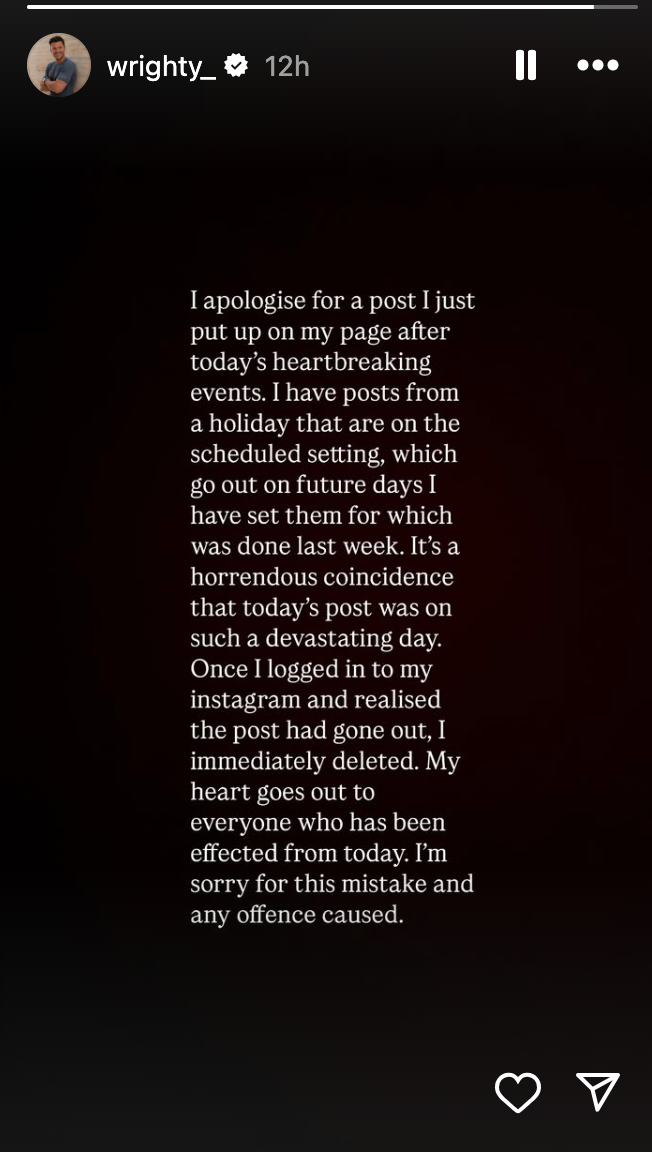 Mark Wright apologises for 'horrendous coincidence' after sharing 'inappropriate' post after Air India crash