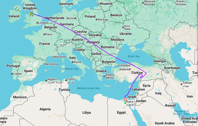 <p>Changed course: Path of Qatar Airways flight QR24 from Manchester to Doha, which diverted to Cairo</p>