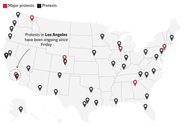 <p>Protests have erupted across 40 cities after a week of unrest, which began in Los Angeles on Friday   </p>