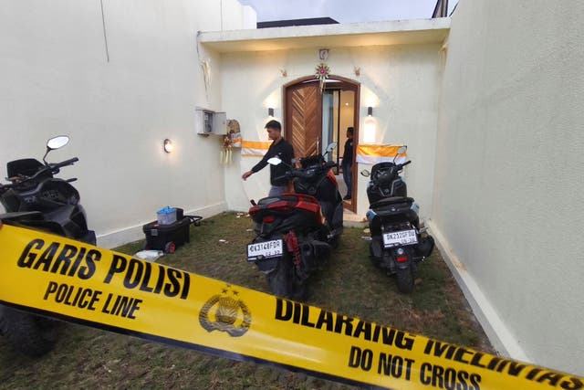 <p>Plain-clothed police officers are seen at a villa where a shooting that led to the death of an Australian man reportedly occurred, in Badung on the resort island of Bali, Indonesia, Saturday, June 14, 2025. (AP Photo)</p>