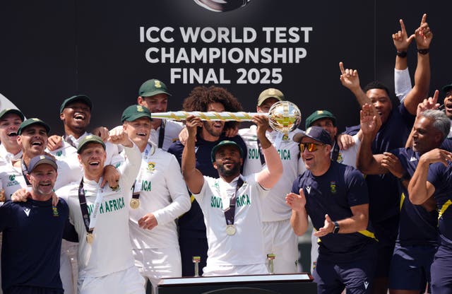 <p>Temba Bavuma (centre) led South Africa to World Test Championship final glory</p>