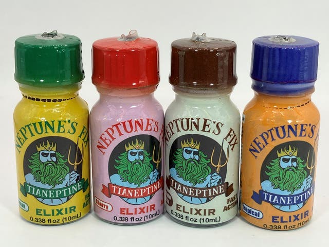 <p>Bottles of Neptune's Fix Elixir, a product labelled to contain tianeptine</p>