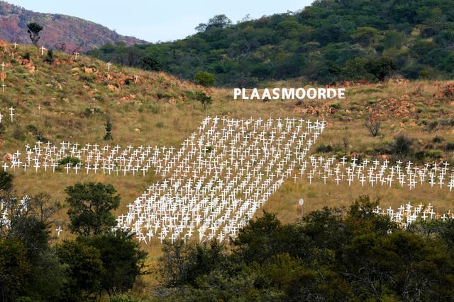 <p>Crosses, memorialising white farmers who were killed, are seen at Witkruis Monument near Polokwane, South Africa</p>