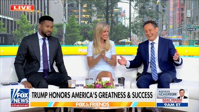 Fox & Friends hosts Brian Kilmeade, Lawrence Jones and Ainsley Earhardt praise the "fantastic" job their former producer Ariel Abergel did producing the Trump administration's military parade.
