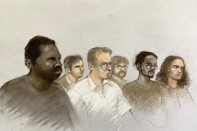 Court artist drawing of (front row, left to right) Nii Mensah, 23, Paul English, 61, Jakeem Rose, 23, and Ugnius Asmena, 20, and (back left) Dmirjus Paulauskas, 23, and Ashton Evans, 20, (back right) appearing at the Old Bailey, central London in connection with an alleged arson plot. Picture date: Wednesday June 4, 2025.