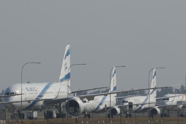 <p>A row of aircrafts belonging to Israeli airlines El Al sit parked along the apron of Cyprus' main airport in Larnaca</p>