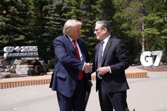 <p>US President Donald Trump (left) shakes hands with Prime Minister Sir Keir Starmer</p>