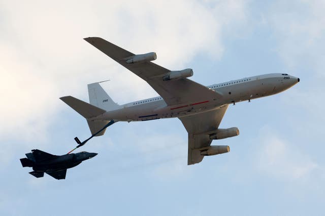 <p>A Boeing KC-135 Stratotanker refuels an Israeli Air Force F-35 fighter jet</p>