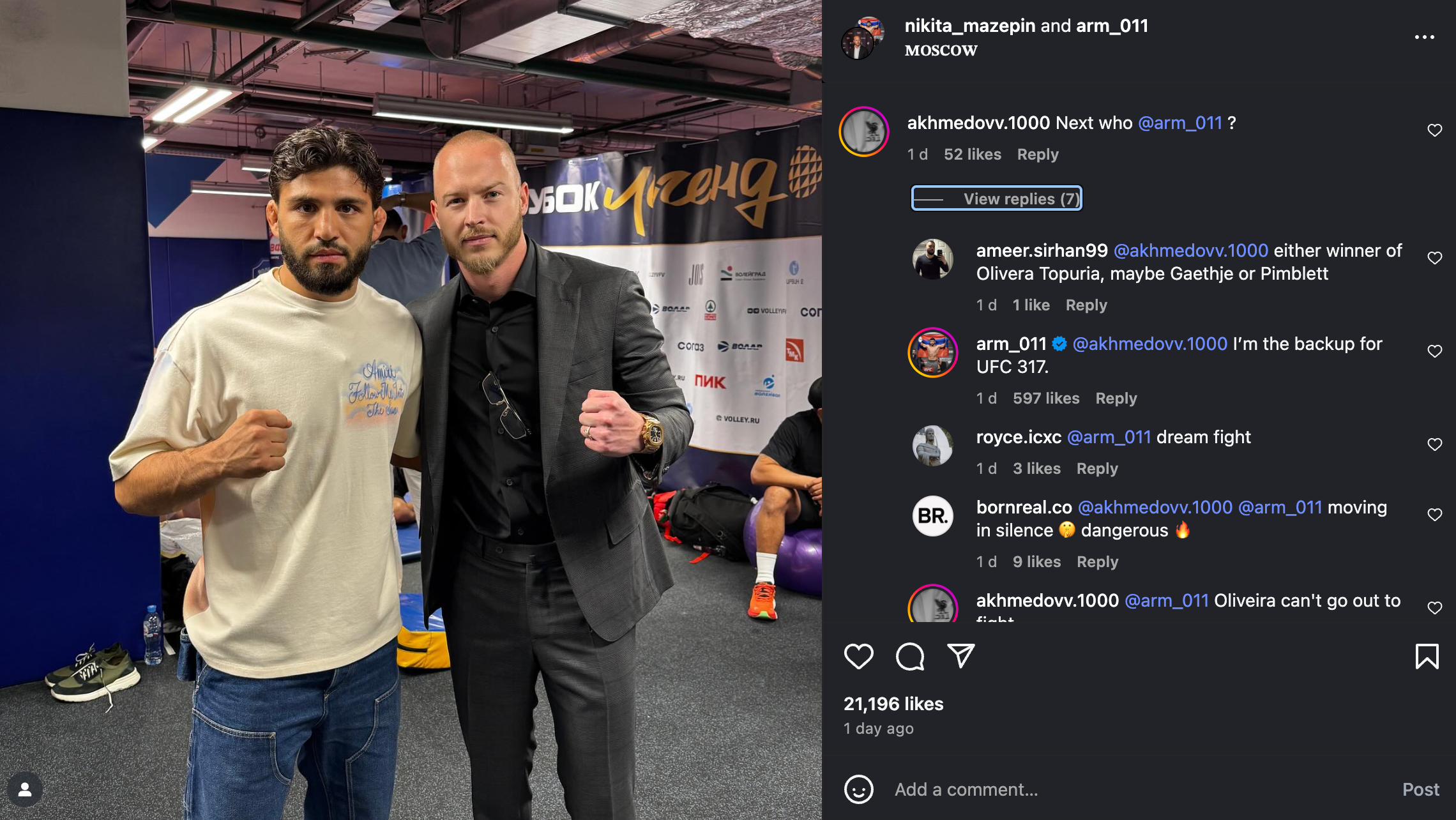Arman Tsarukyan dizendo a um comentarista no Instagram que ele servirá como o lutador de back-up do evento principal do UFC 317