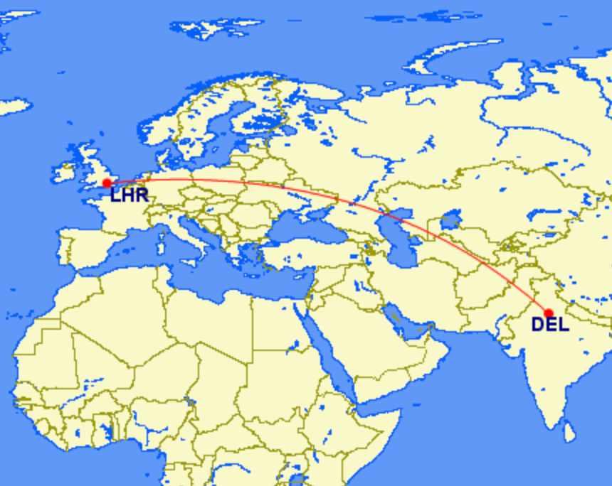  The straight line between London Heathrow (LHR) and Delhi (DEL)
