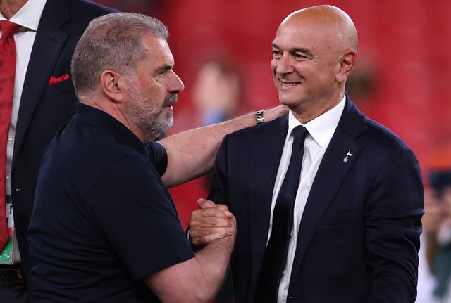 <p>Tottenham chairman Daniel Levy (right) explained the reason why the club dismissed Europa League-winning manager Ange Postecoglou</p>