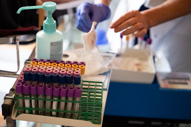 <p>Photograph shows blood collection tubes during a blood donation</p>