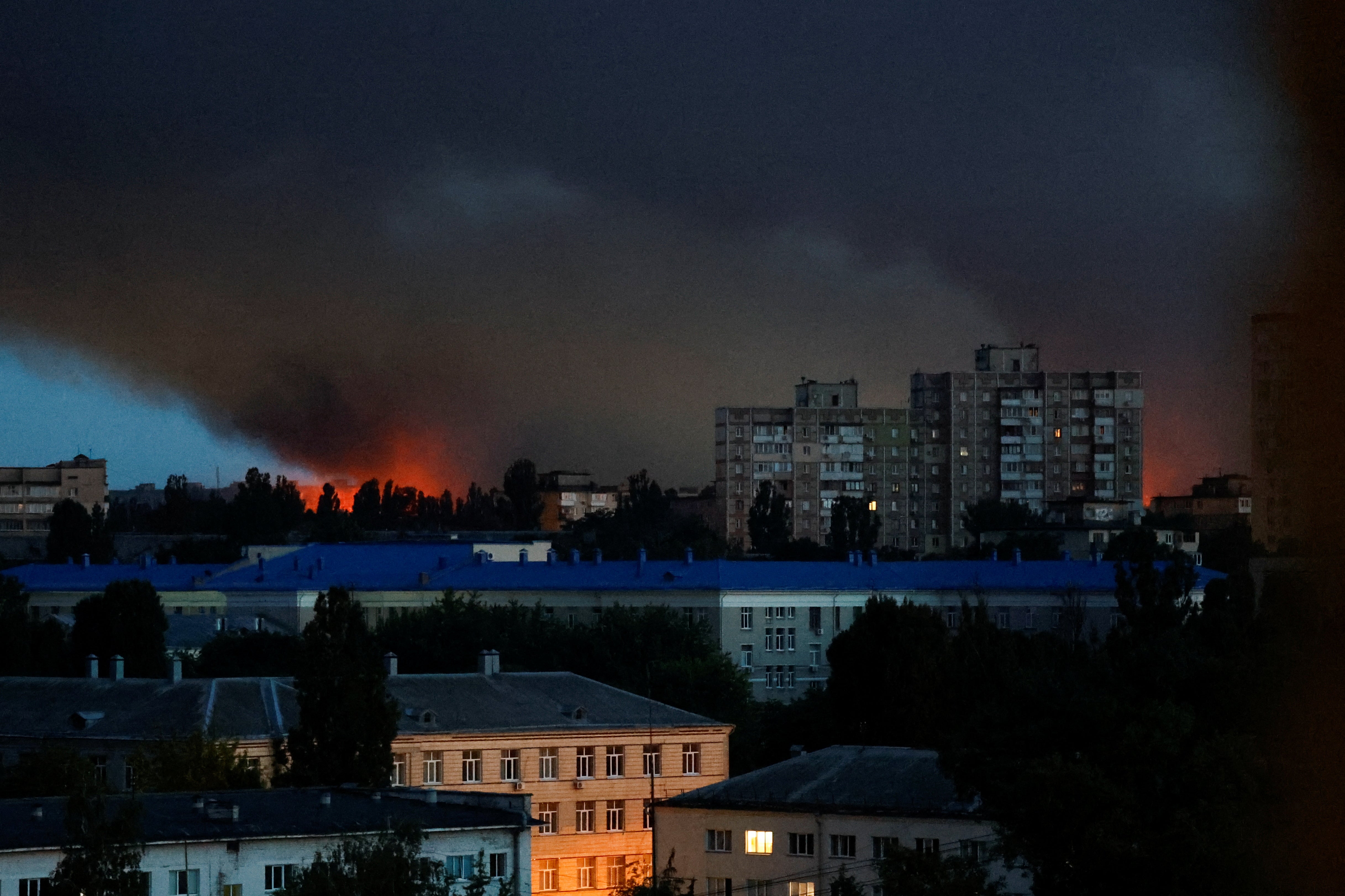 Apartments in residential area in Ukraine’s Kyiv seen covered in smoke as explosions and fires from Russian overnight attack burn