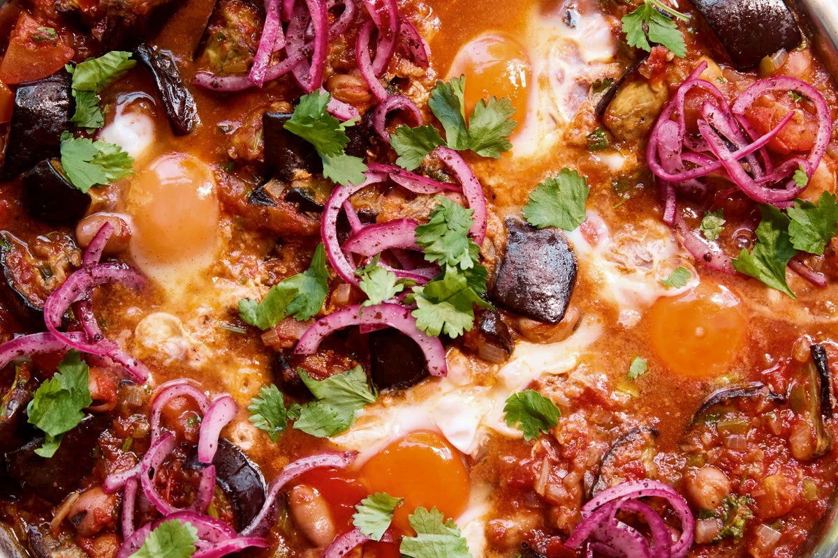 Aubergine and fava bean eggs: The ultimate one-pan weekend brunch
