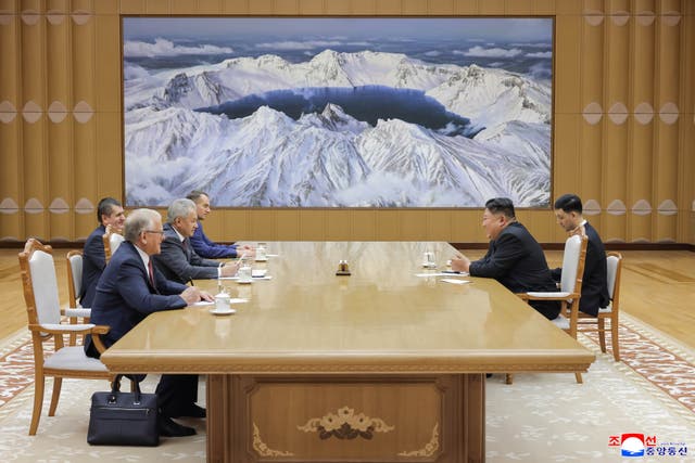 <p>North Korean leader Kim Jong Un, first right, in a meeting with Sergei Shoigu, second left, secretary of Russia’s Security Council, in Pyongyang, on 17 June</p>