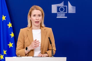 European Union foreign policy chief Kaja Kallas addresses the media at EU headquarters in Brussels