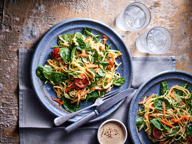 <p>Proof that a bowl of noodles can feel light and bright – the hummus dressing brings it all together in minutes</p>