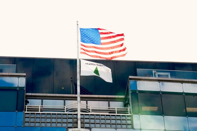 <p>The 'Appeal to Heaven' flag is seen flying above the Small Business Administration headquarters in Washington D.C.</p>