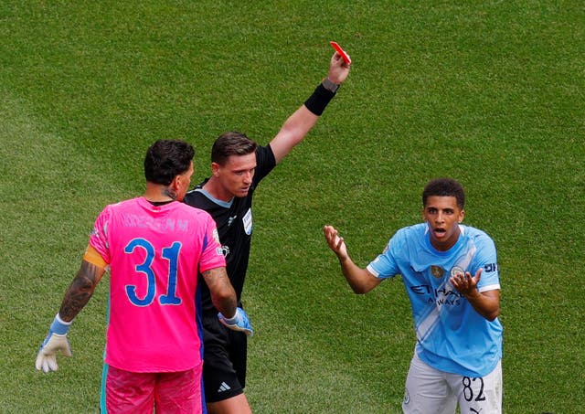 <p>Rico Lewis was sent off for a tackle on Samuel Obeng</p>