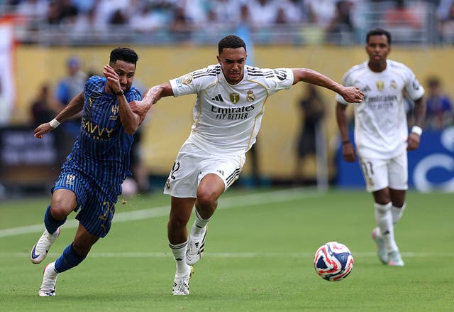 <p> Trent Alexander-Arnold of Real Madrid C.F. is challenged by Salem Aldawsari of Al Hilal during the FIFA Club World Cup 2025</p>