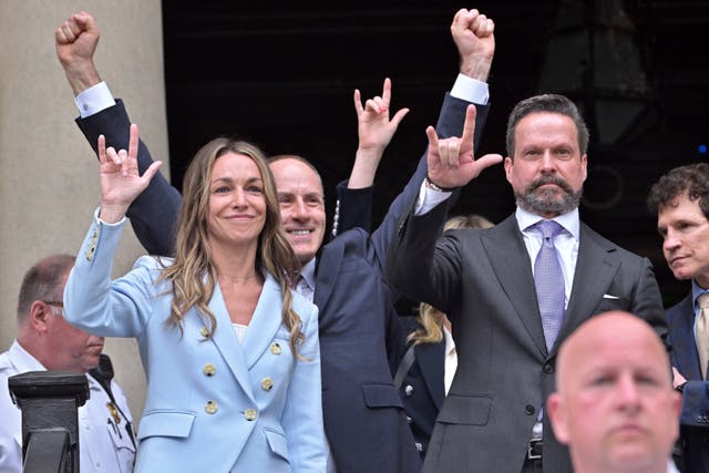 <p>Karen Read gestures to supporters after she was found not guilty of second-degree murder on Wednesday, June 18, 2025, in Dedham, Mass</p>