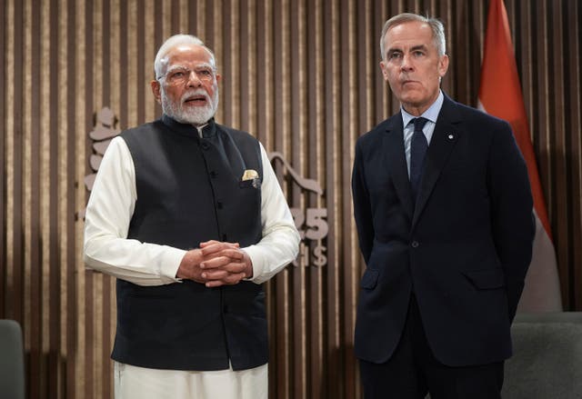 <p>India's prime minister Narendra Modi speaks as Canada's prime minister Mark Carney listens before a meeting at the G7 Summit in Kananaskis in Alberta</p>