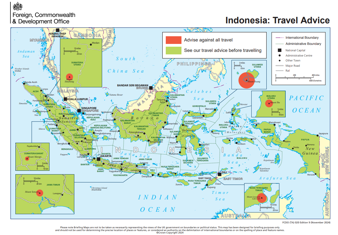 The FCDO advises against all travel to a number of volcanoes in Indonesia