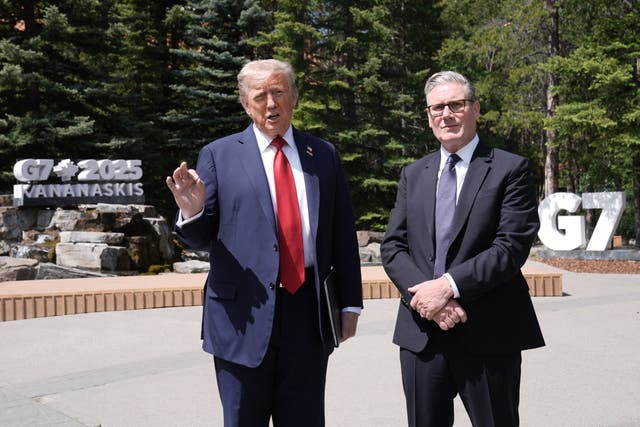 <p>Donald Trump and Keir Starmer speaking to the media at the G7 summit in Canada</p>