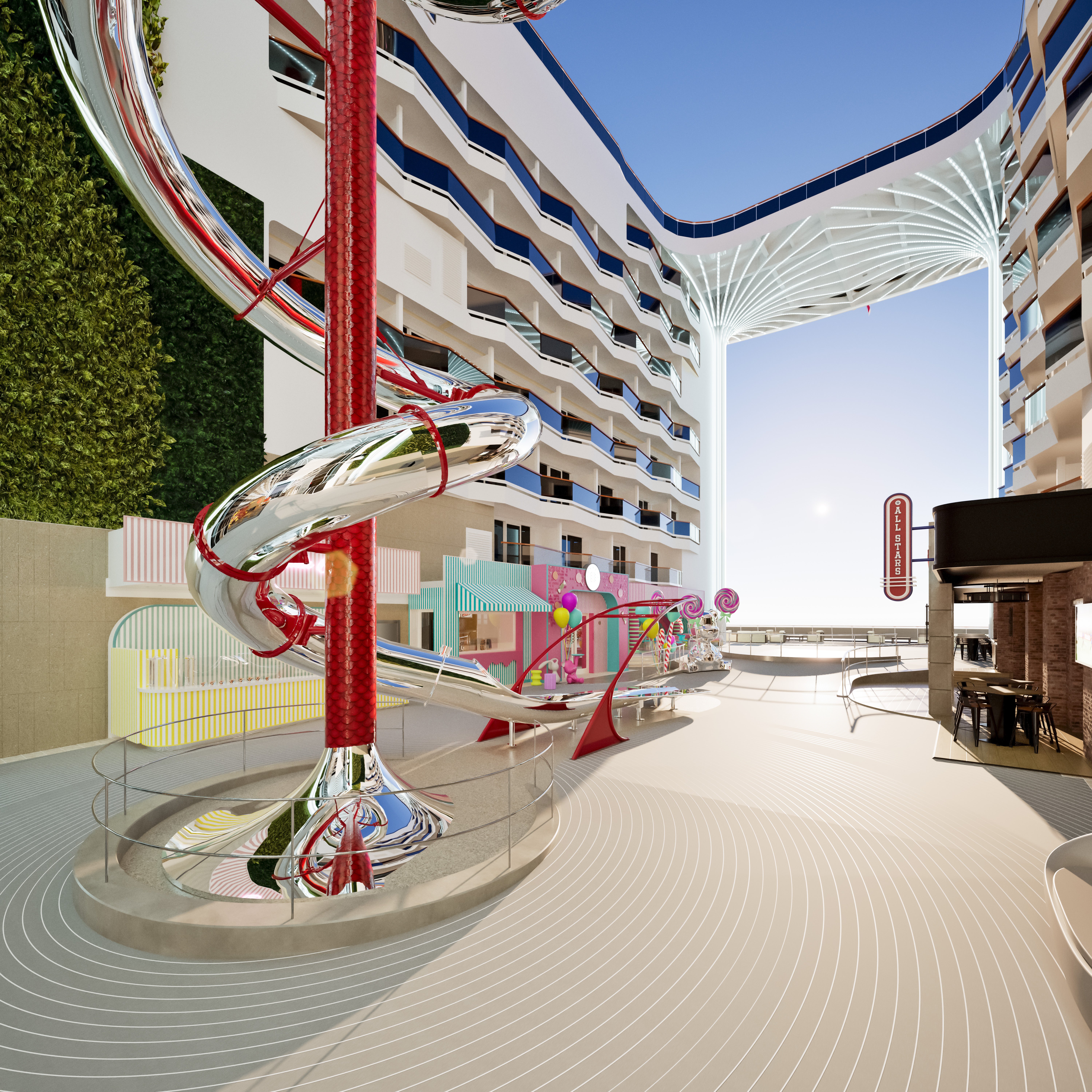 A dry slide ending on MSC World Asia's Outdoor Promenade is a key feature of the new ship