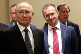 Kremlin aide Vladimir Medinsky, right, will lead the Russian delegation in Geneva
