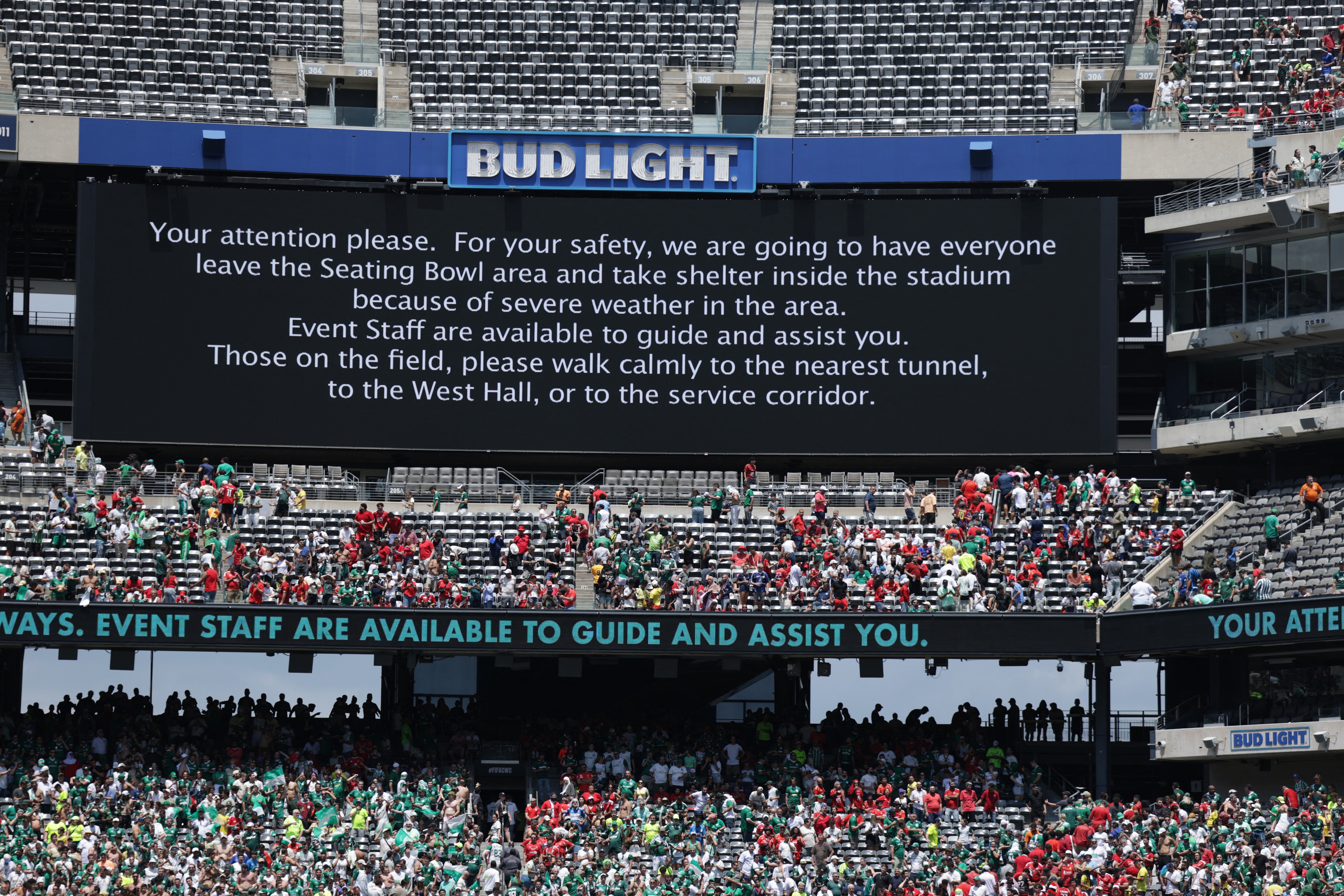 A message on a giant screen warns of 'severe weather'