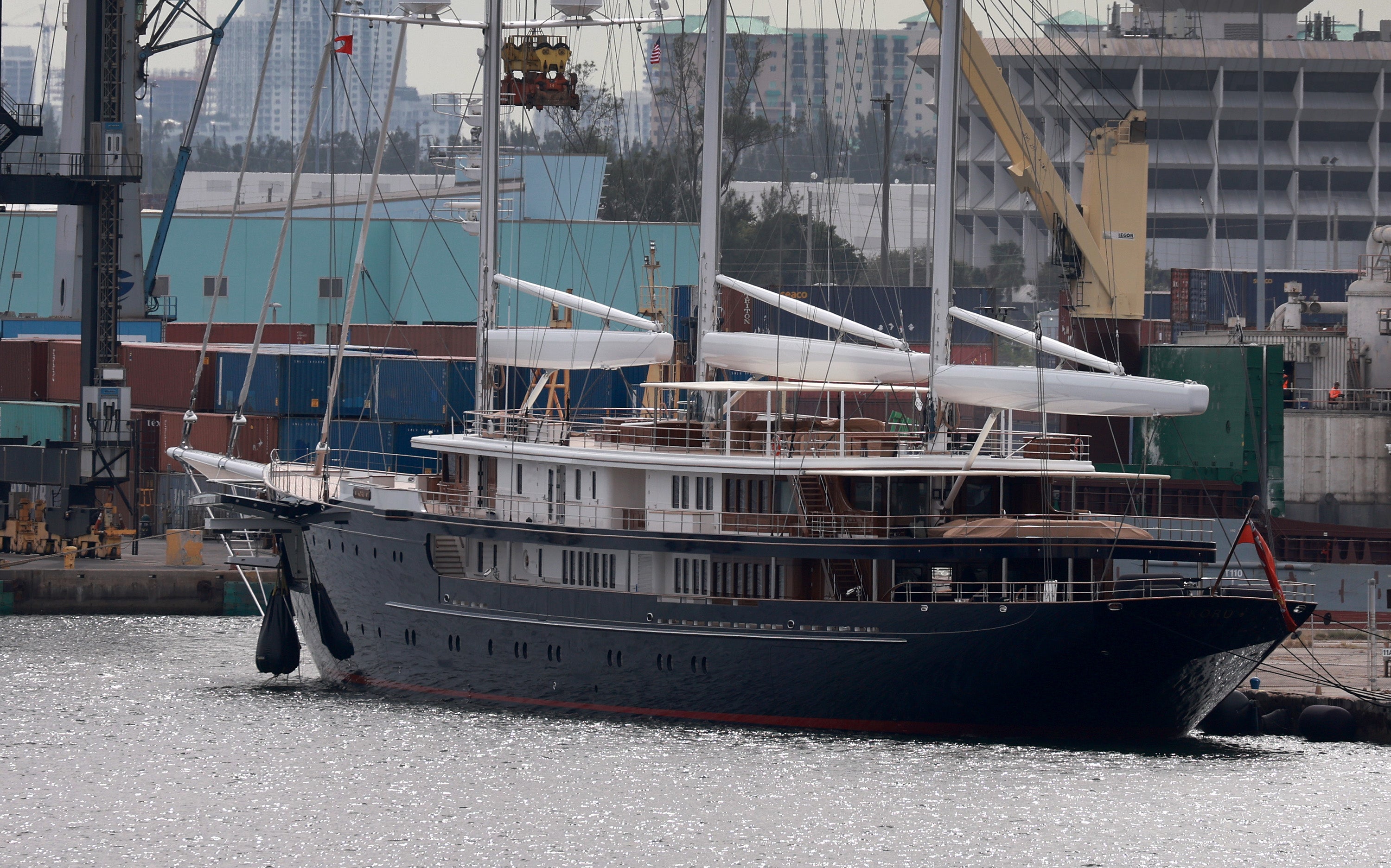 Koru was too large to dock with other private yachts, so had to dock among the commercial vessels and oil tankers in Port Everglades, Florida
