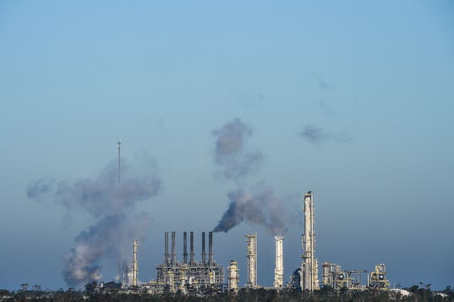 <p>An oil and gas processing plant is seen a day after Hurricane Delta passed through the area in Lake Charles, Louisiana on October 10, 2020.</p>