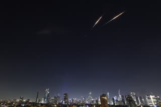 Iranian ballistic missiles seen over the sky, in Tel Aviv, Israel,