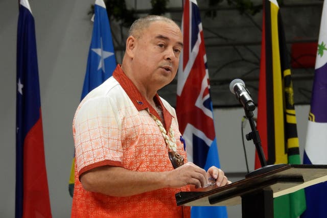 <p>Cook Islands Prime Minister, and outgoing Chair of the Pacific Islands Forum, Mark Brown, speaks at the opening of the annual Pacific Islands Forum leaders meeting in Nuku'alofa, Tonga</p>