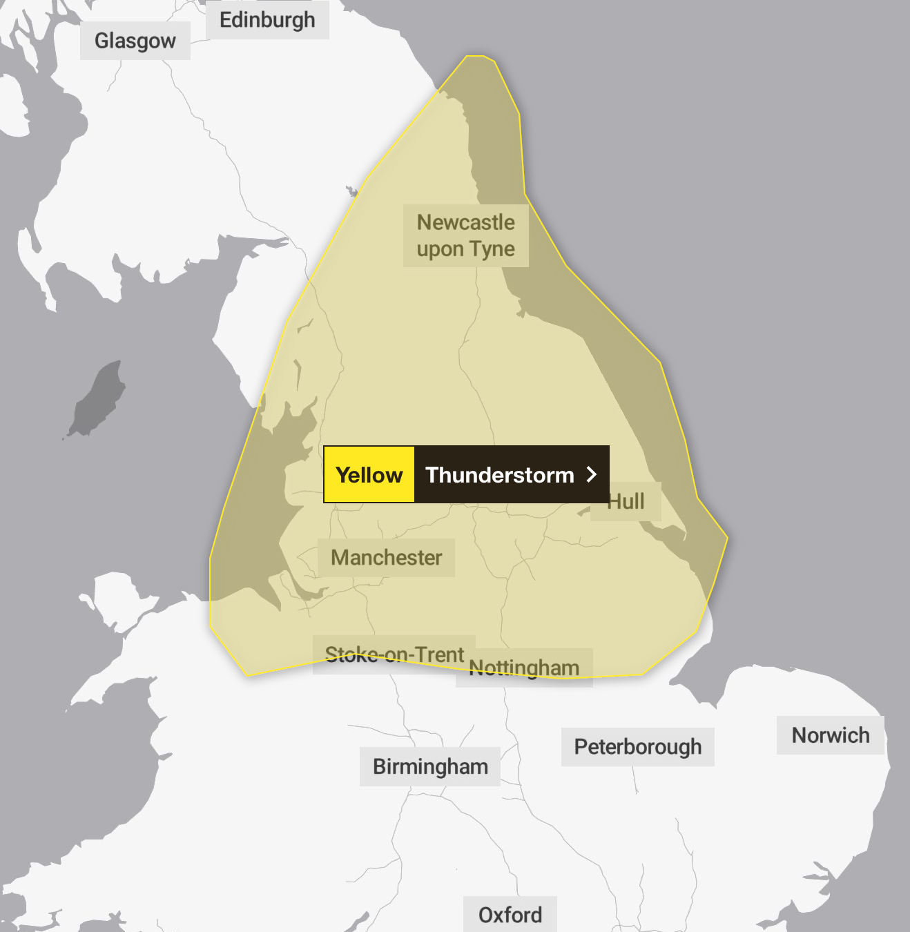 Yellow thunderstorm warning is in place from 3pm on Saturday to 4am on Sunday